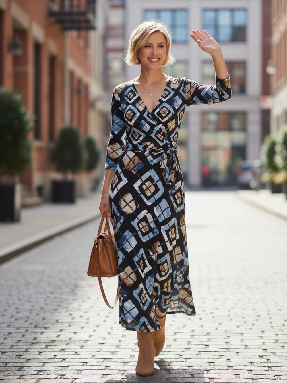 Cato Blue and Black Geo Print Preppy Business Faux Wrap Packable Maxi Dress XL
